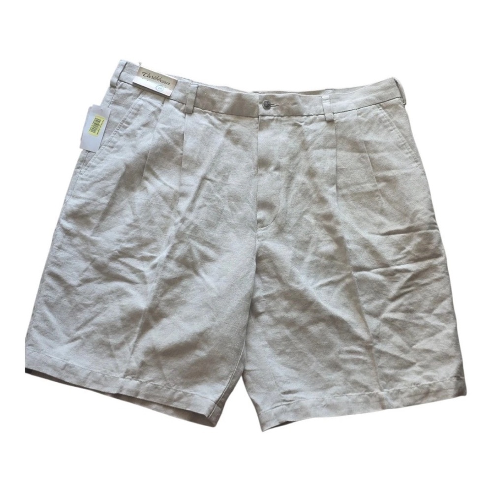 Caribbean Linen Blend Shorts Size 40 Men's Flat Front Beige Laggenlook